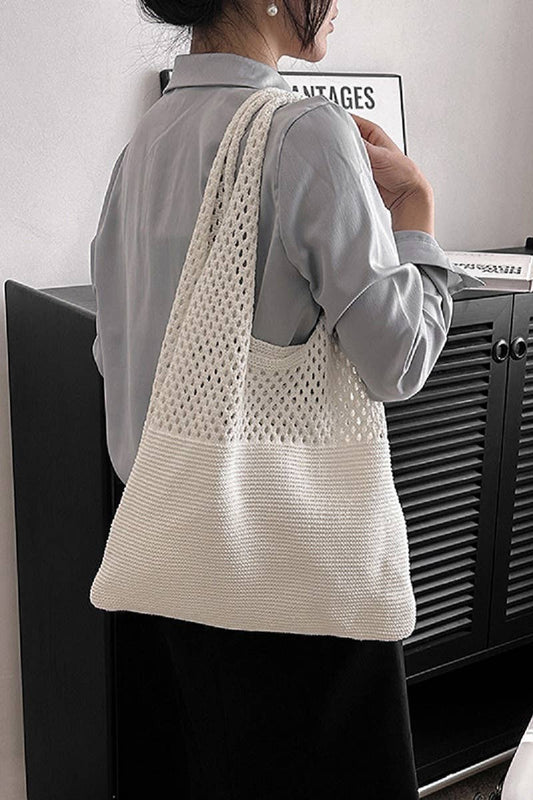 Crochet Mesh Half Pointelle Knit Tote Bag