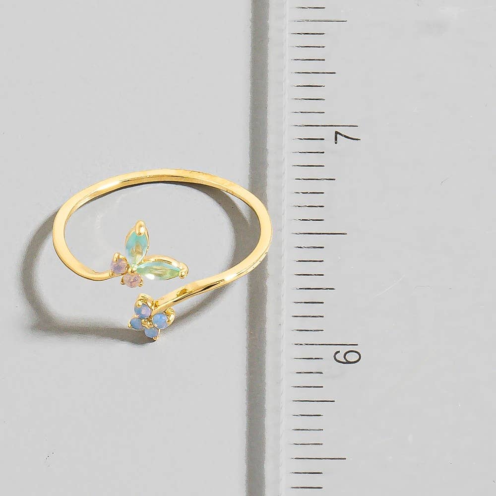 Gold Dipped Cz Butterfly And Flower Band Open Ring