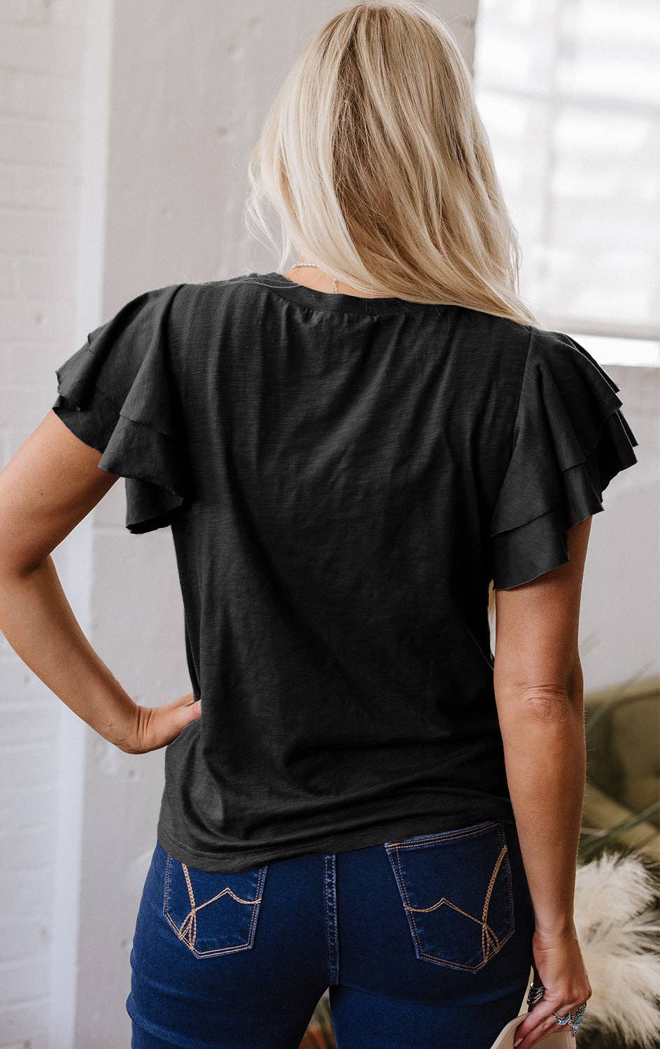 Dark Grey Ruffle Sleeve Casual Tee Boutique Summer Top
