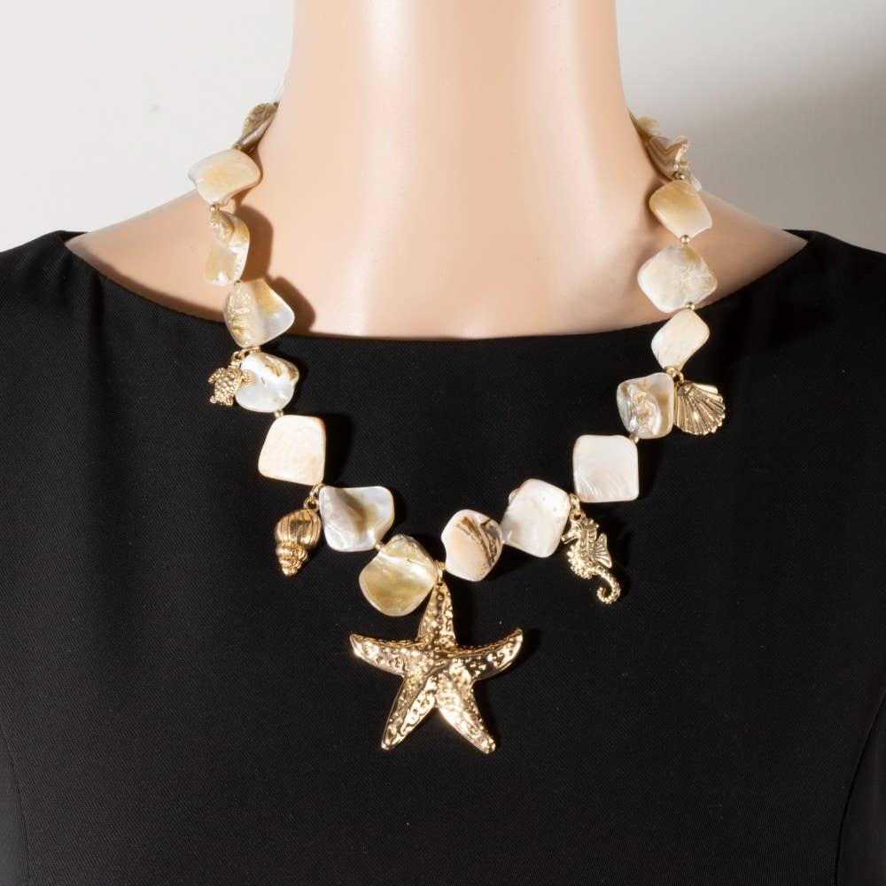 Gold Starfish & Coastal Charms Shell Stone Necklace