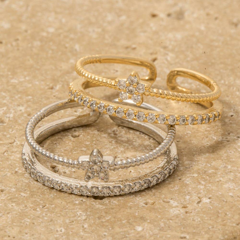 Gold Dipped Cz Pave Row And Star Open Band Ring