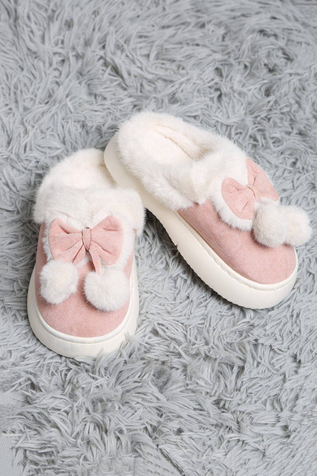 Superlux Faux Suede Fuzzy Bow & Pom Pom Slippers