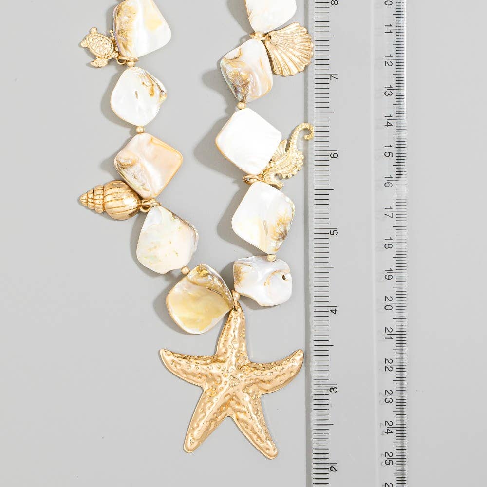 Gold Starfish & Coastal Charms Shell Stone Necklace