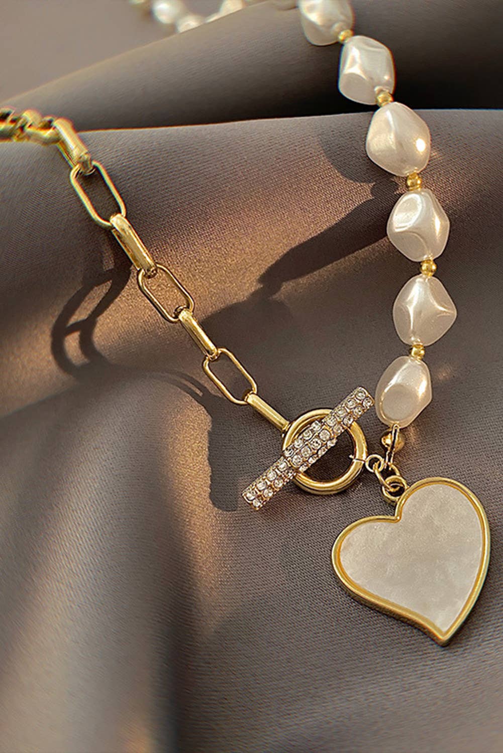 Heart Shape Rhinestone Pearl Decor Chain Necklace