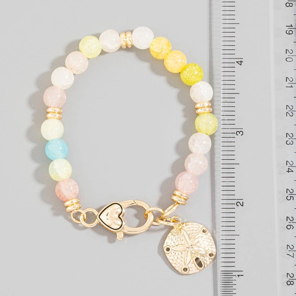 Sand Dollar Charm And Heart Clasp Glass Beaded Bracelet