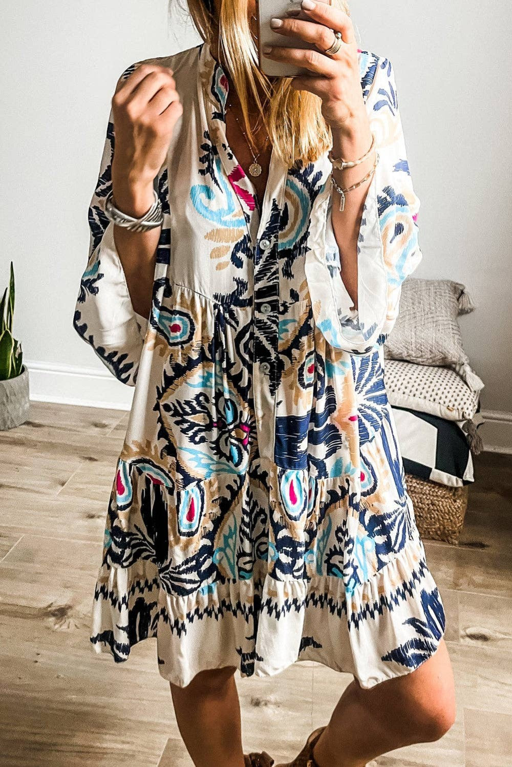 BoHo Print Tiered Bell Sleeve Mini Dress|189