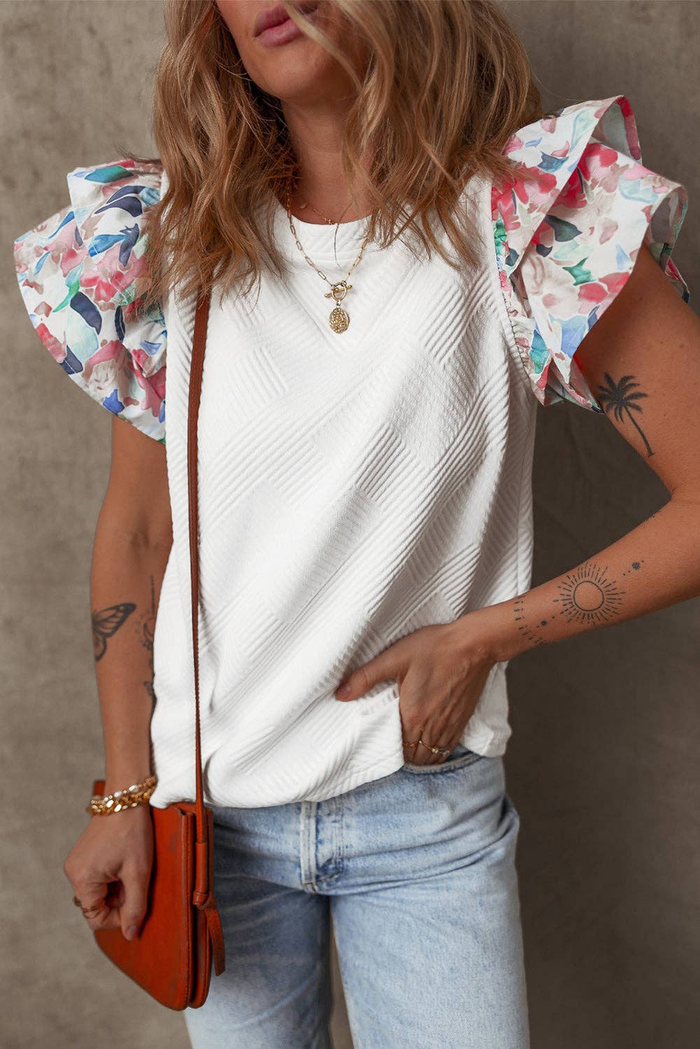 White Textured Knit Floral Ruffle Sleeve Casual Top