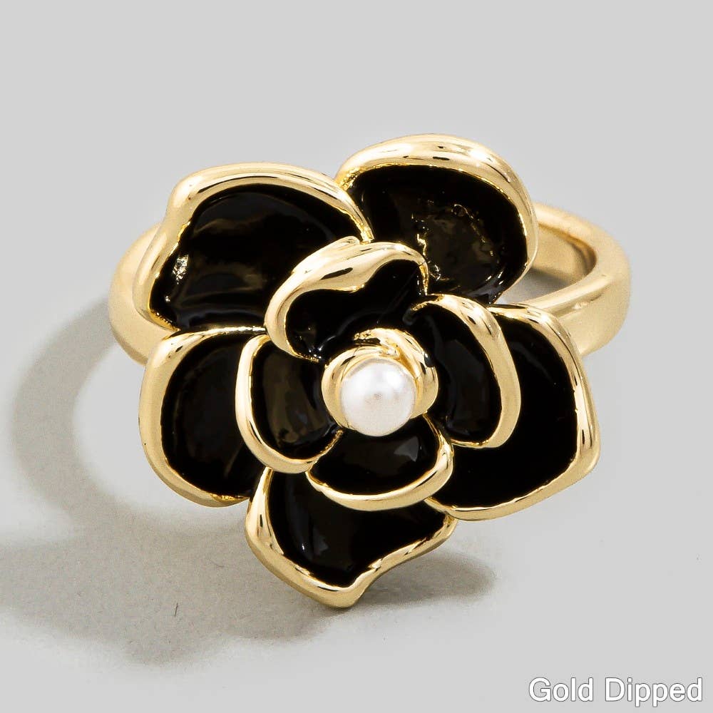 Large Enamel Rose Flower Ring With Pearl Center