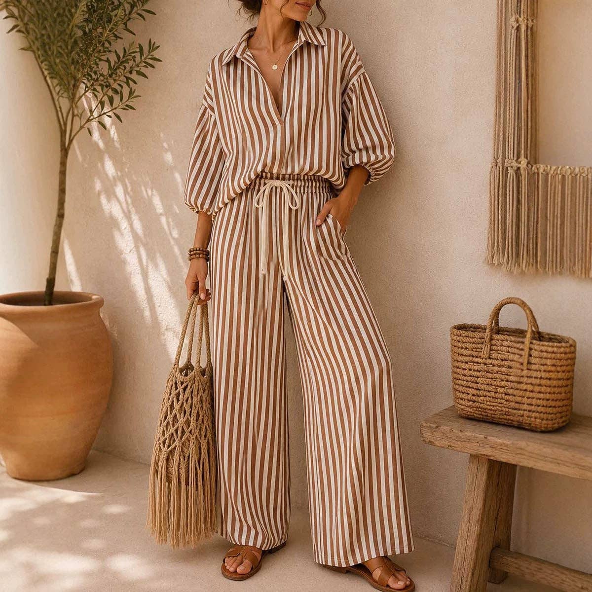 Striped Oversized Shirt Wide Leg Pants Set