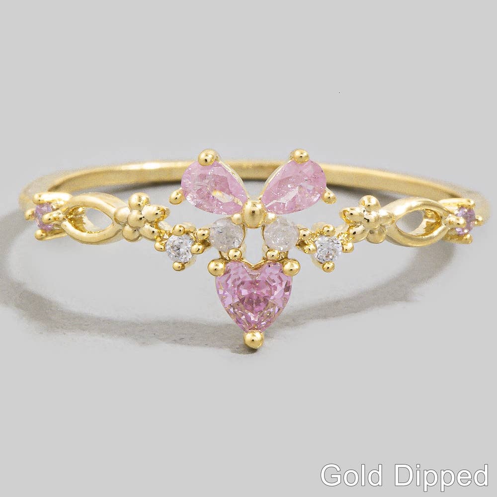 Gold Dipped Cz Butterfly Floral Crown Ring