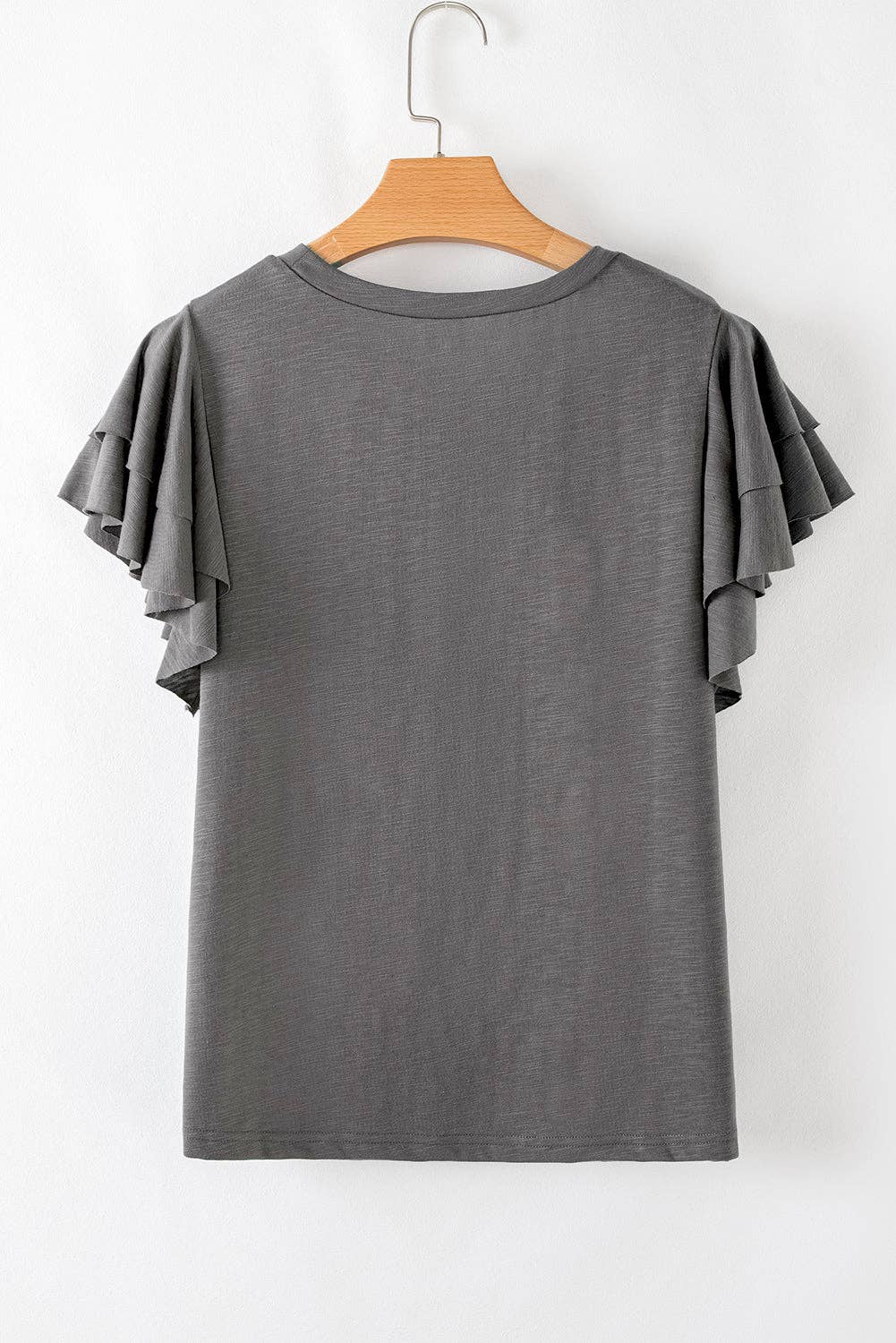Dark Grey Ruffle Sleeve Casual Tee Boutique Summer Top