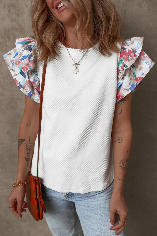 White Textured Knit Floral Ruffle Sleeve Casual Top