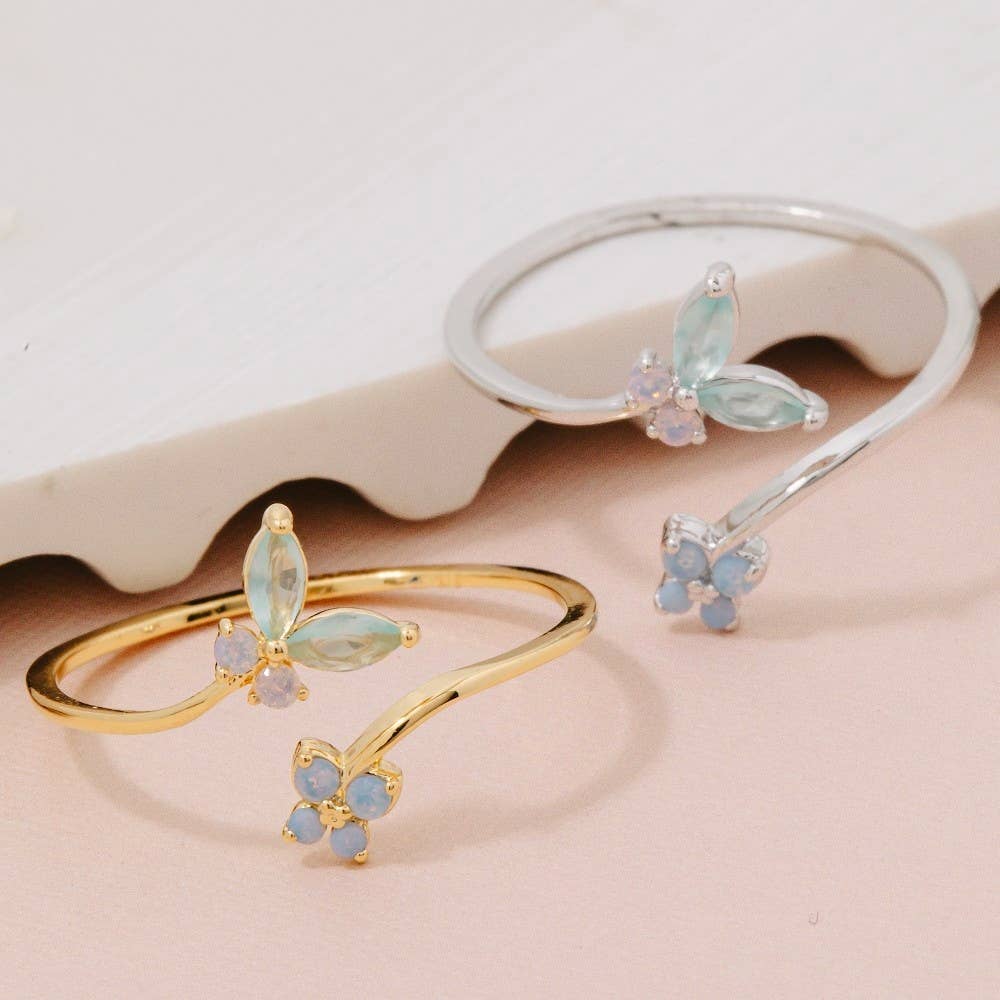 Gold Dipped Cz Butterfly And Flower Band Open Ring