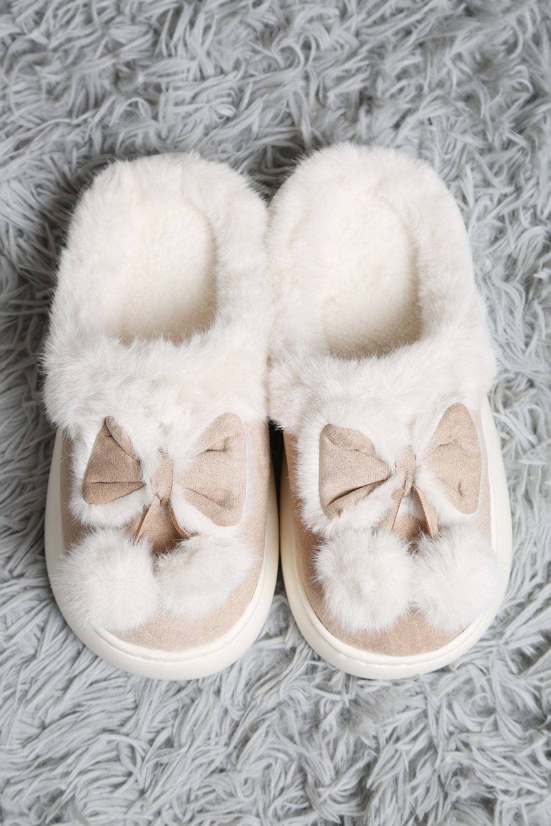 Superlux Faux Suede Fuzzy Bow & Pom Pom Slippers