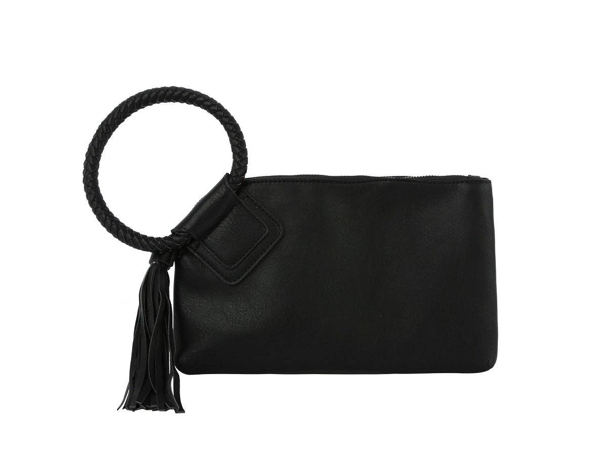 Black clutch bag with a circular handle and tassel on a white background