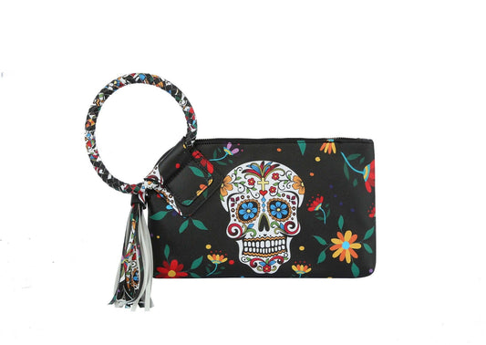 Colorful skull design wristlet with floral patterns on a black background