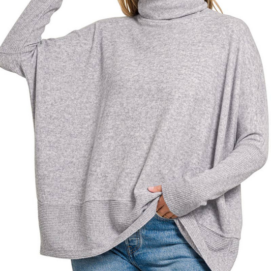 Soft Grey Melange Hacci Turtleneck Sweater