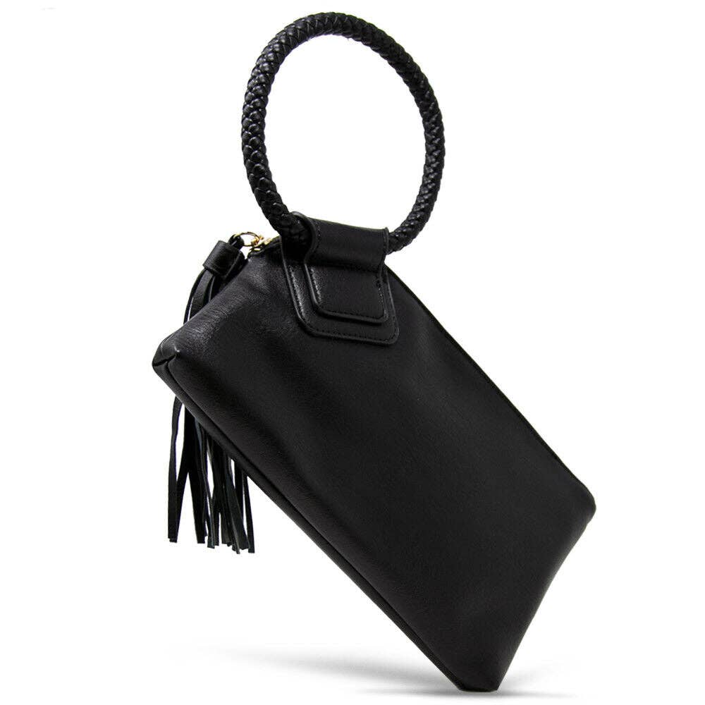 Black clutch bag with tassel and braided handle on a white background