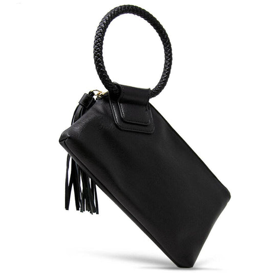 Black clutch bag with tassel and braided handle on a white background