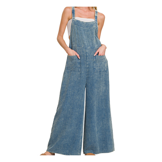 Washed Double Gauze Elastic Waist Wide Overalls Blue Gray