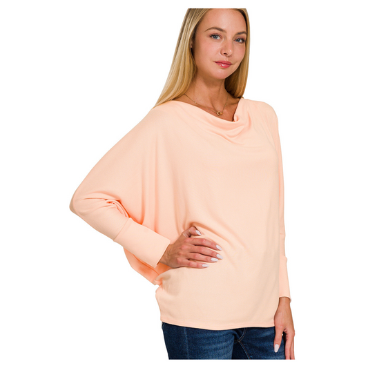 Dolman Sleeve Boat Neck Long Sleeve Top Peach