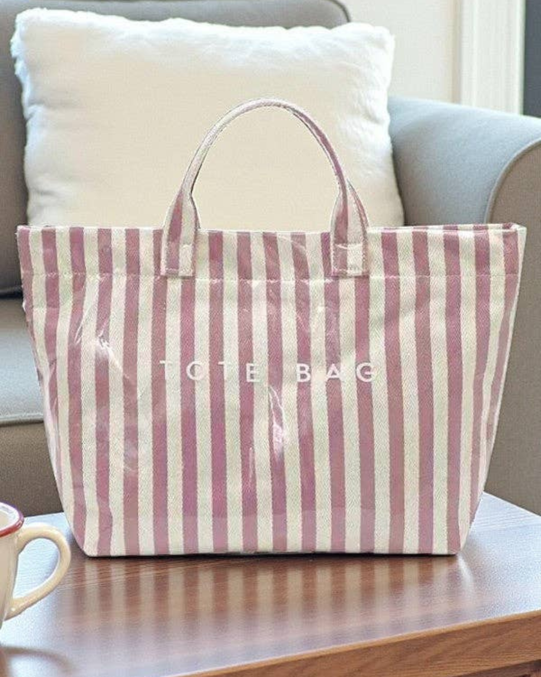 Purple and Beige Striped Tote Bag