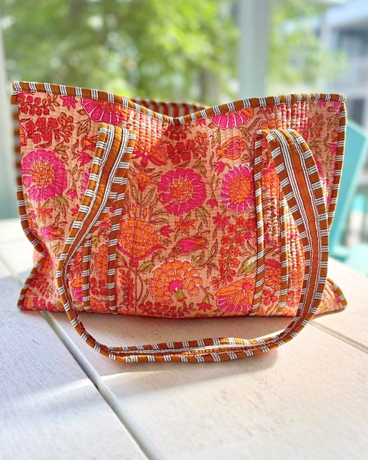 Rue Orange Floral Patterned Tote Bag