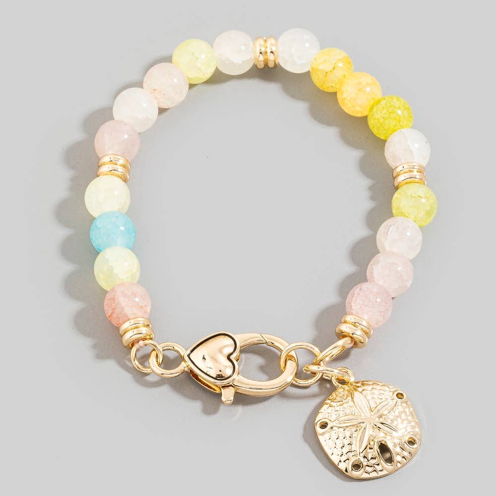 Sand Dollar Charm And Heart Clasp Glass Beaded Bracelet