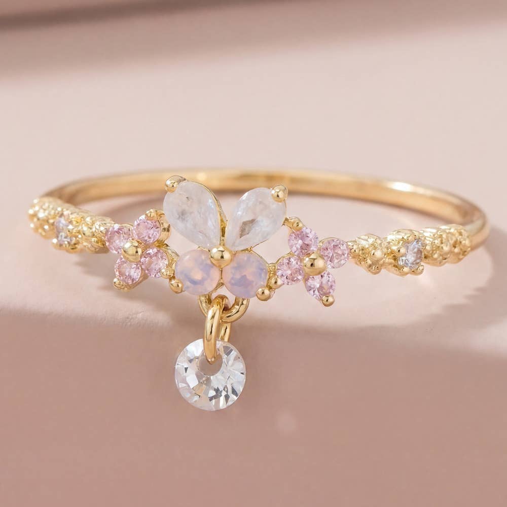 Gold Dipped Cz Butterfly Charm Drop Ring