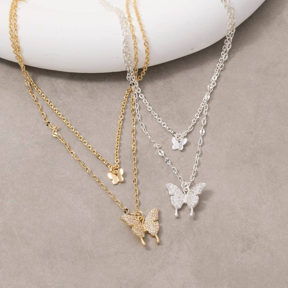 14K Gold Dipped Cz Butterfly Layered Necklace