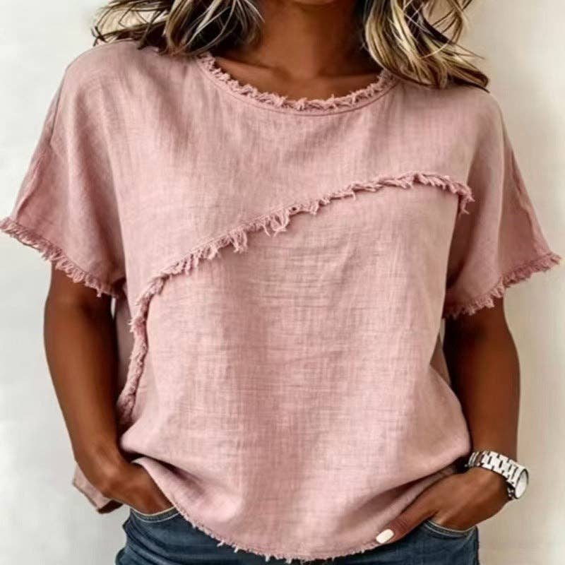 Frayed Edge Linen Blend Top Round Neck Short Sleeve Casual