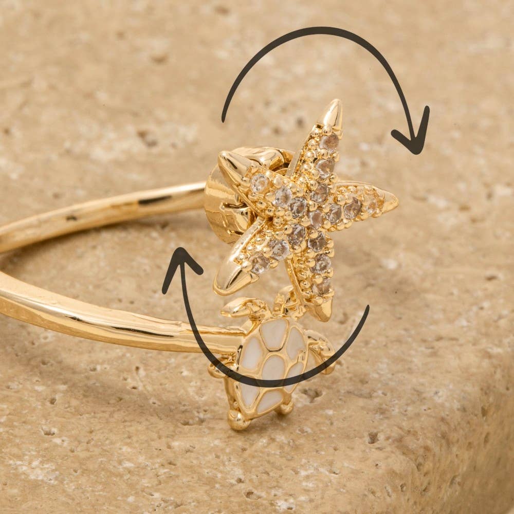 Cz Sea Life Starfish And Turtle Open Ring