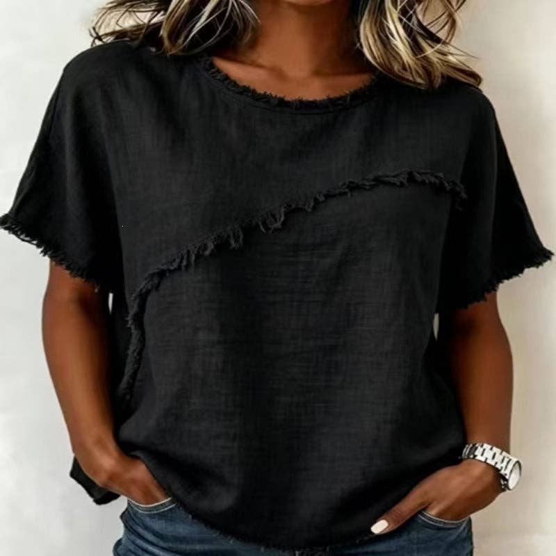Frayed Edge Linen Blend Top Round Neck Short Sleeve Casual