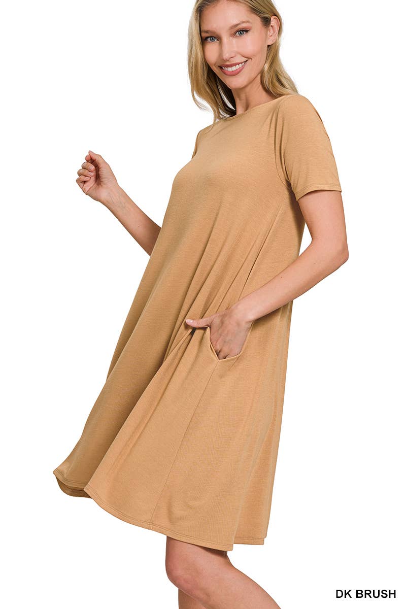 ".._ SI-25493 Short Sleeve Flared Dress With Side Pockets
