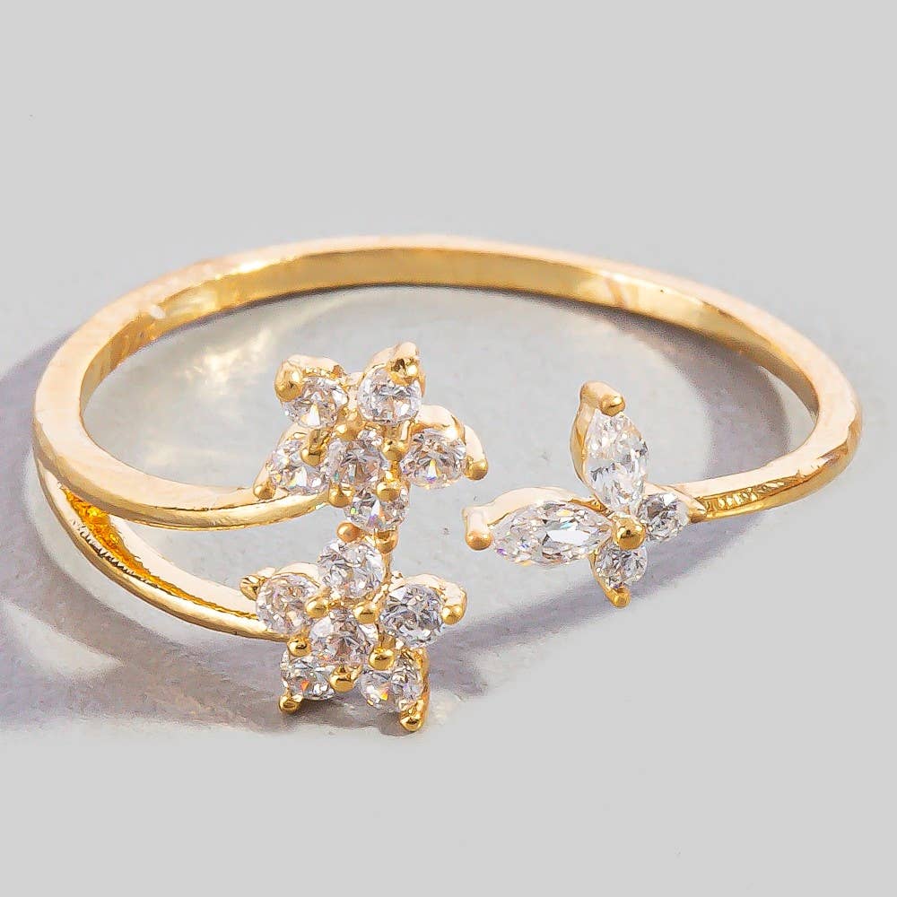 Double Cz Flower And Butterfly Open Band Ring