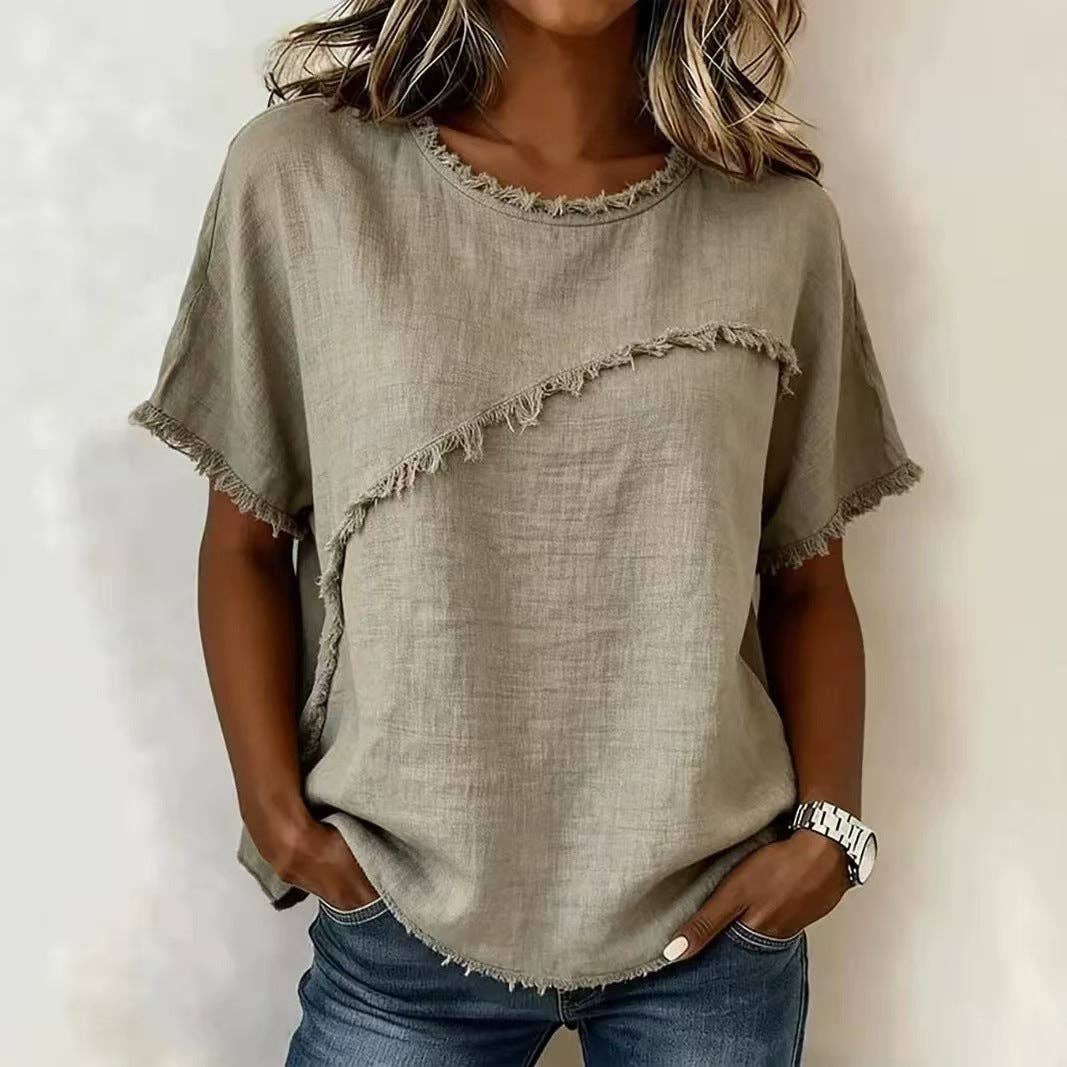 Frayed Edge Linen Blend Top Round Neck Short Sleeve Casual