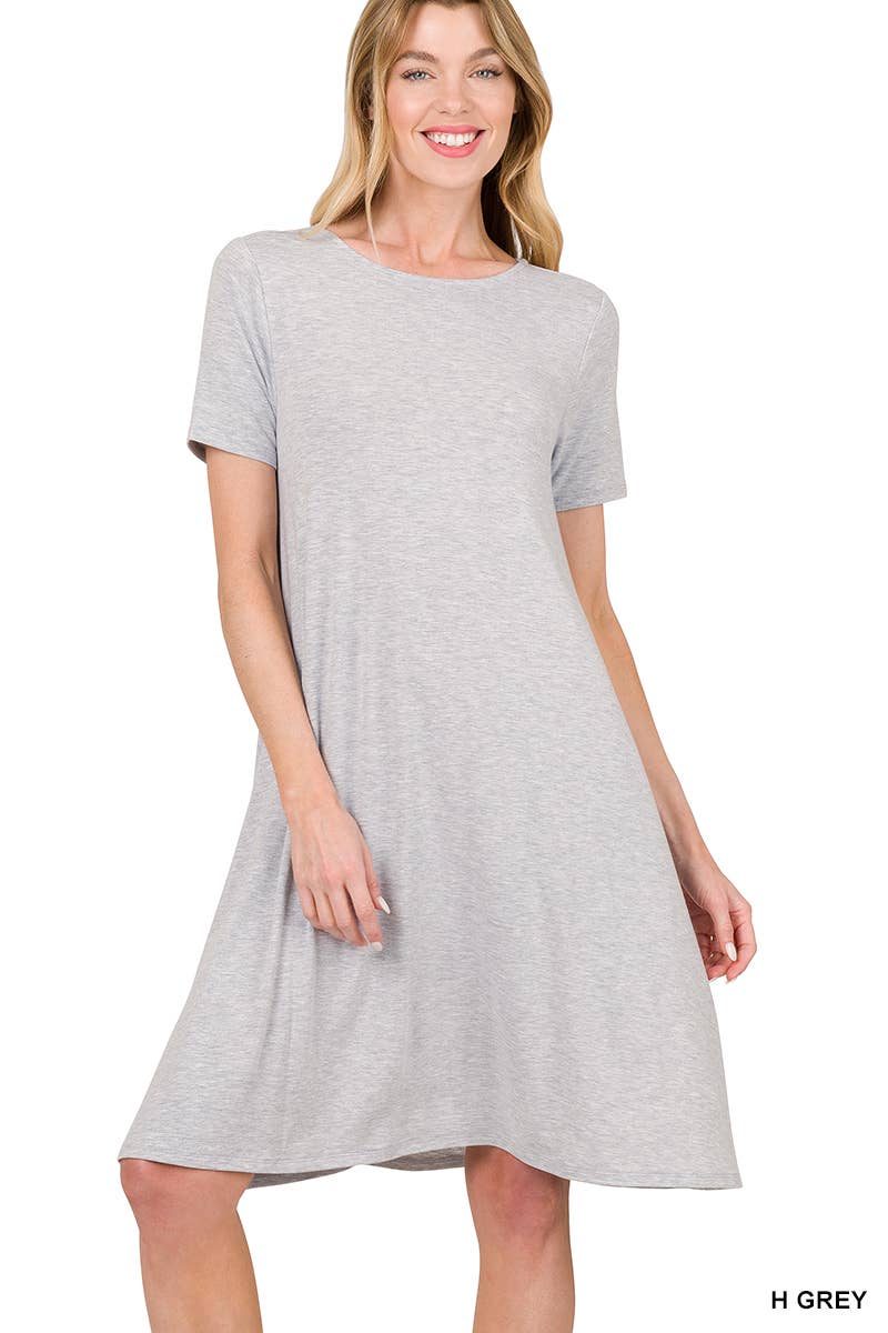 ".._ SI-25493 Short Sleeve Flared Dress With Side Pockets