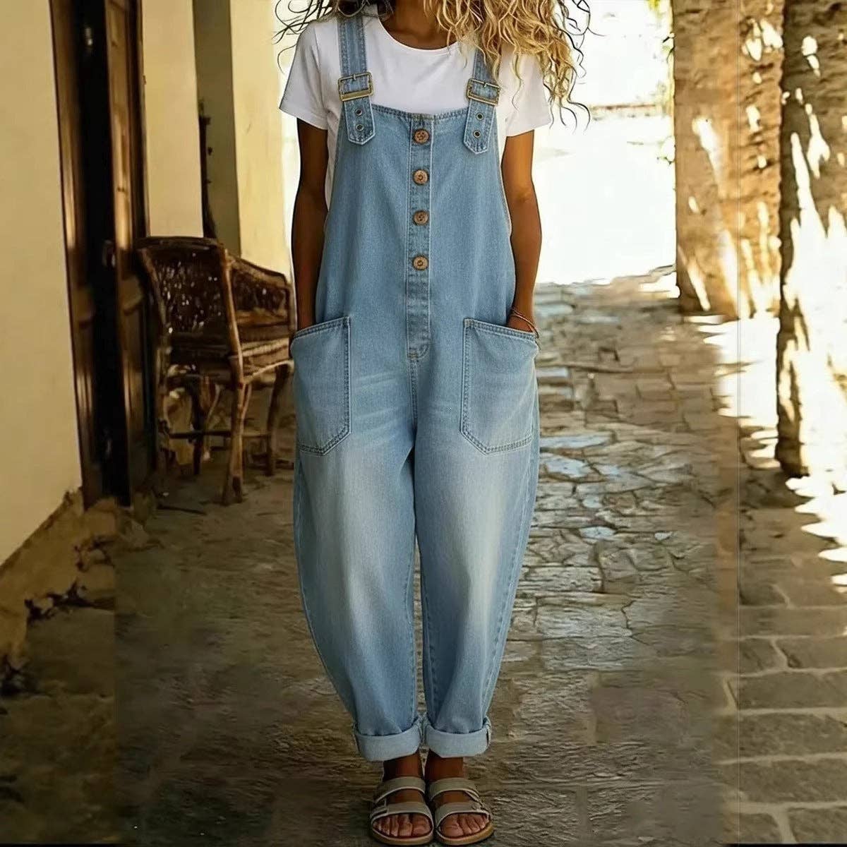 Women's Washed Denim Overalls Adjustable Strap Jumpsuit