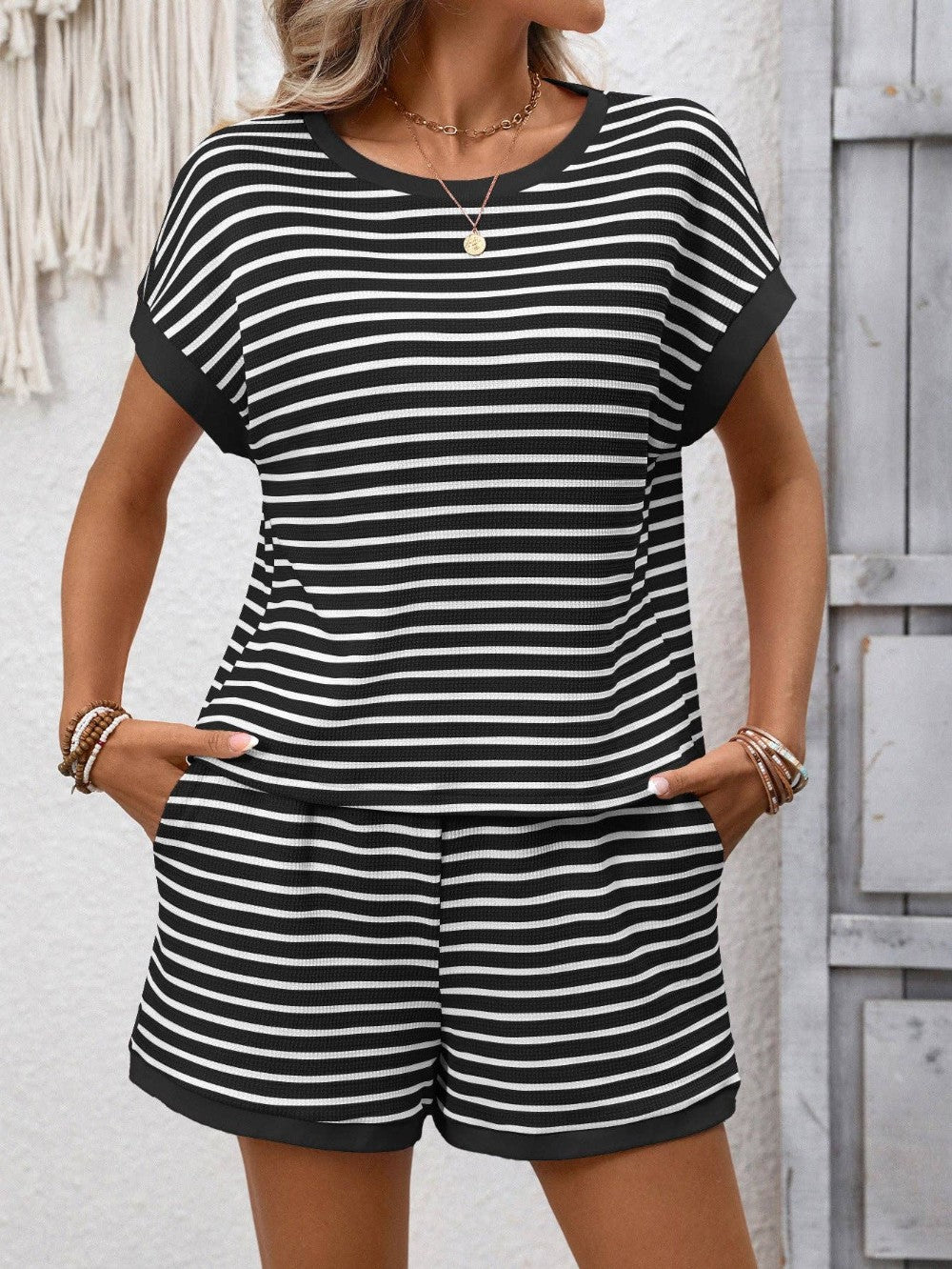 Striped Knit Lounge Set Short Sleeve Top and Shorts|198