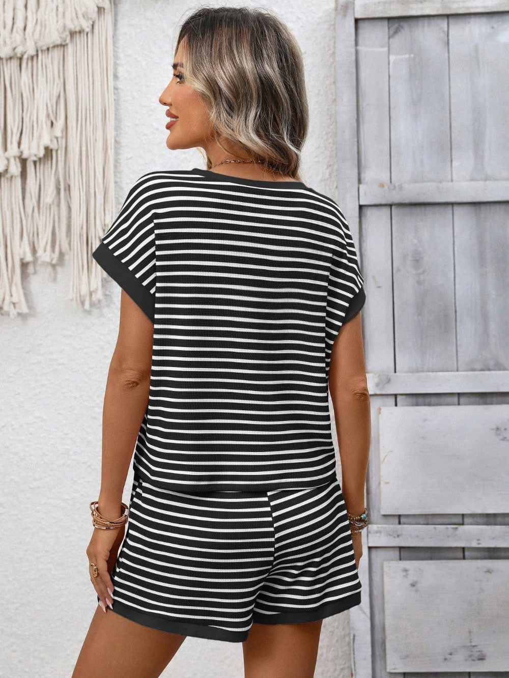 Striped Knit Lounge Set Short Sleeve Top and Shorts|200