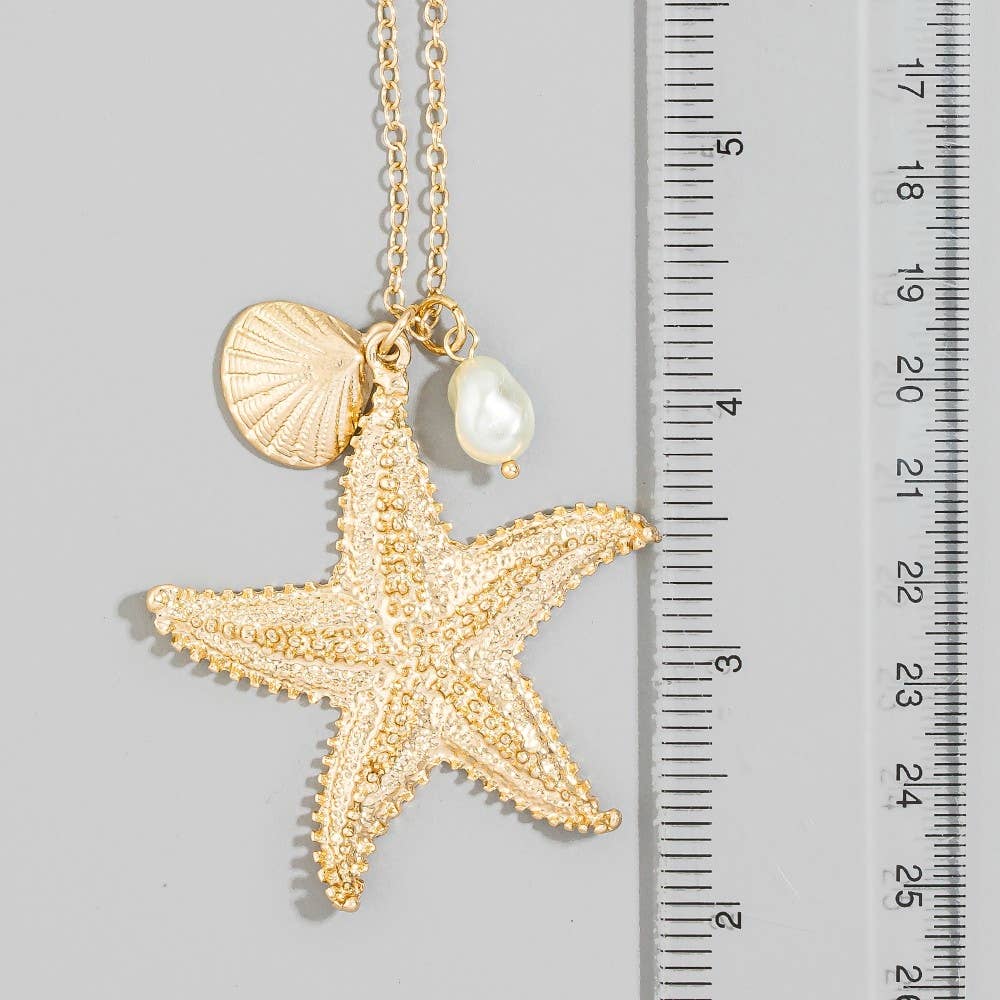 Gold Starfish Pendant Necklace With Shell & Pearl Charms