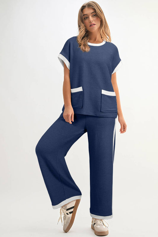 Color block Pockets Short Sleeve Top & Pants Set