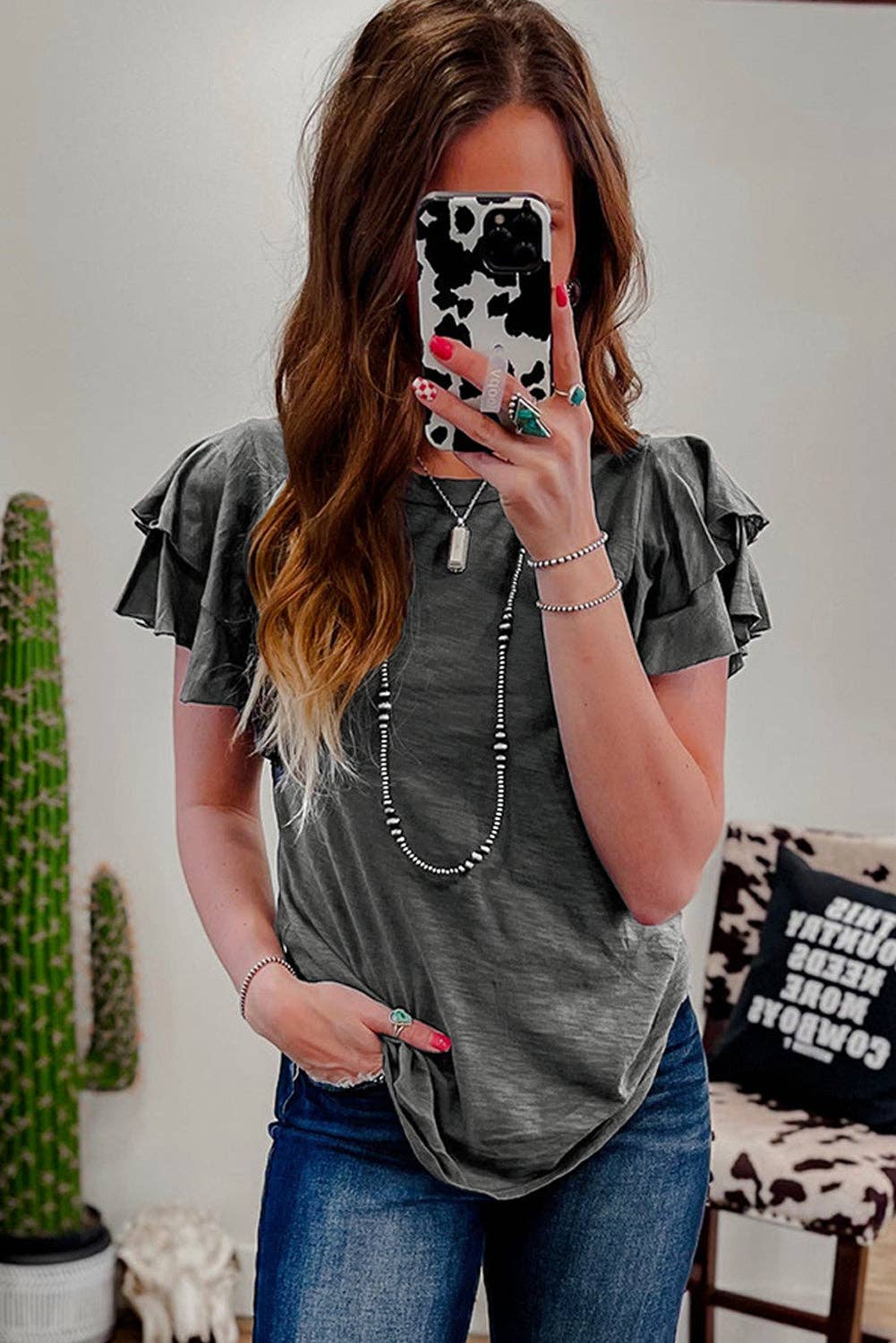 Dark Grey Ruffle Sleeve Casual Tee Boutique Summer Top