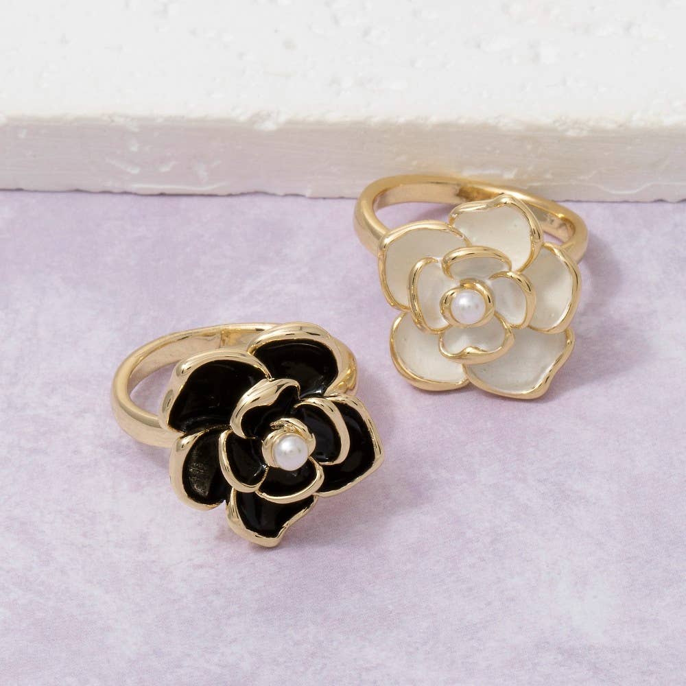 Large Enamel Rose Flower Ring With Pearl Center