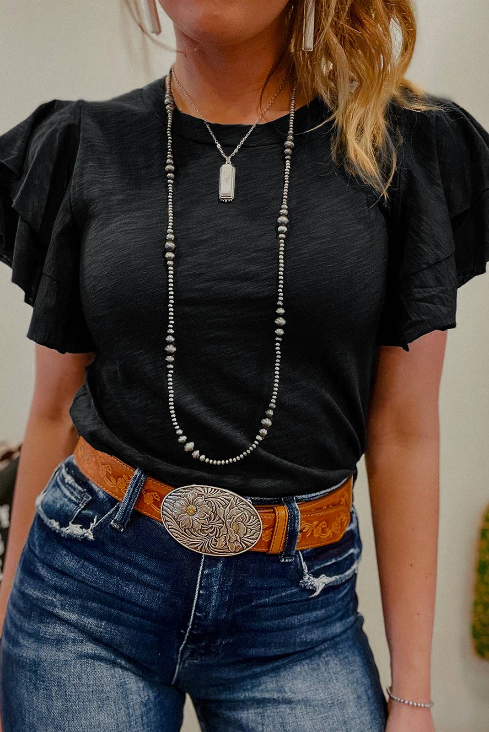 Dark Grey Ruffle Sleeve Casual Tee Boutique Summer Top