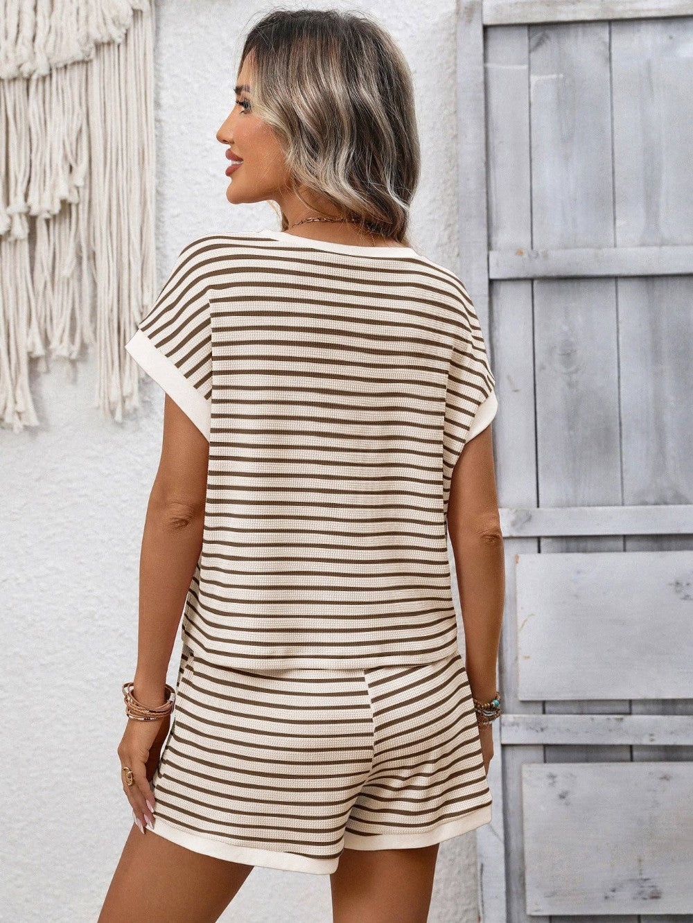 Striped Knit Lounge Set Short Sleeve Top and Shorts|202