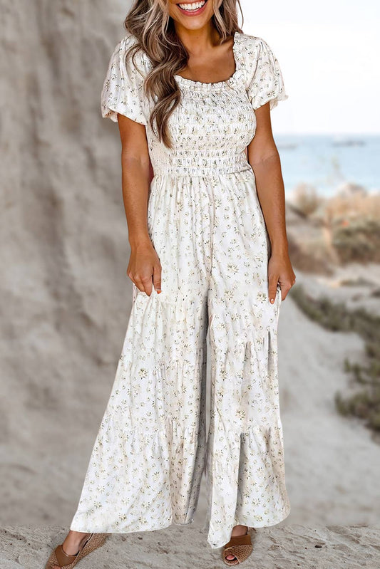 Floral Smocked Wide Leg Short Puff Sleeve Jumpsuit
