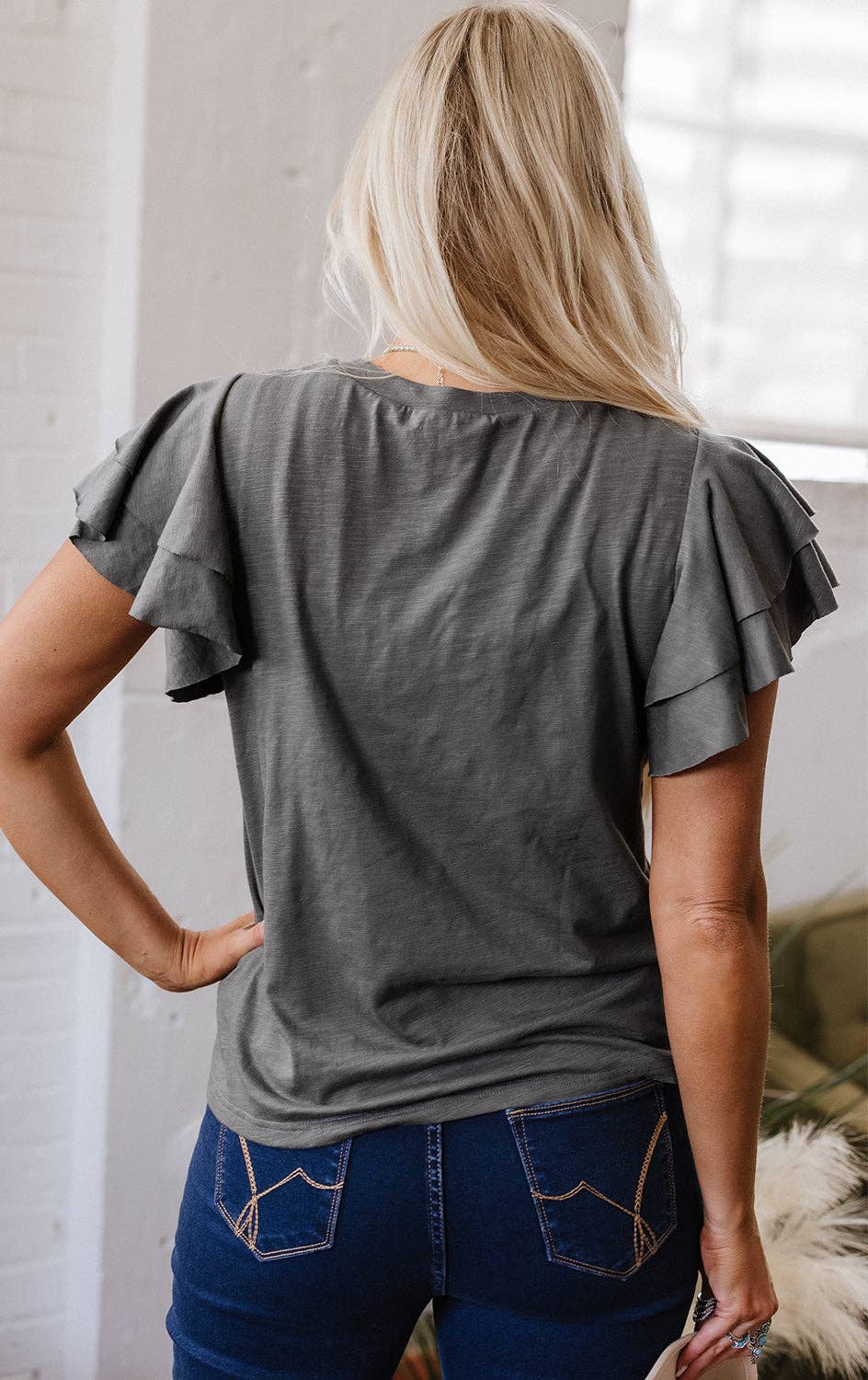 Dark Grey Ruffle Sleeve Casual Tee Boutique Summer Top