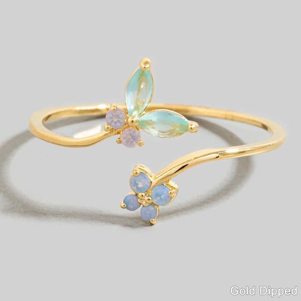 Gold Dipped Cz Butterfly And Flower Band Open Ring
