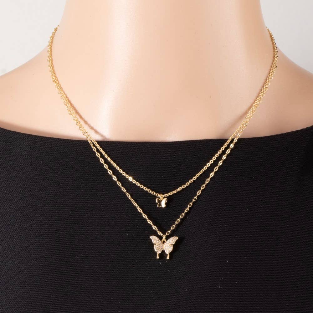14K Gold Dipped Cz Butterfly Layered Necklace